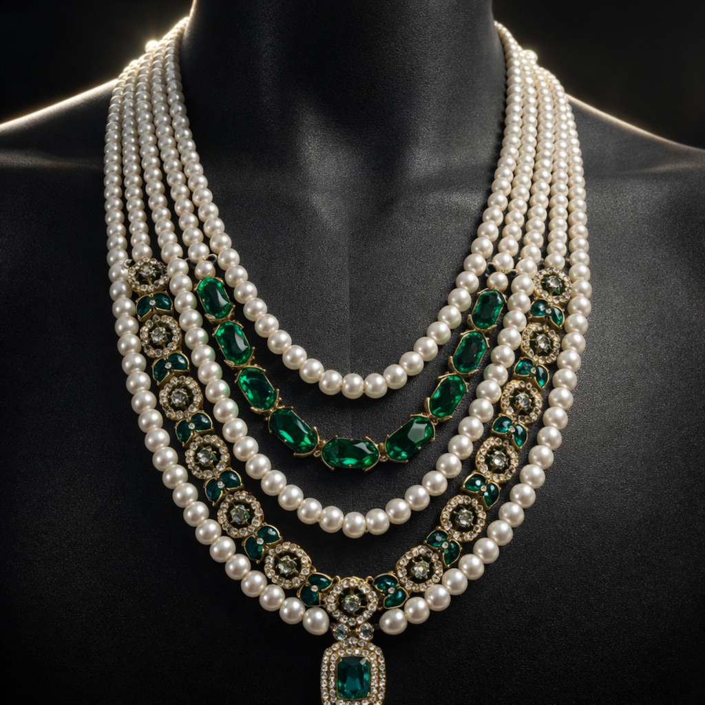 Royal Emerald & Pearl Multi-Strand Mala
